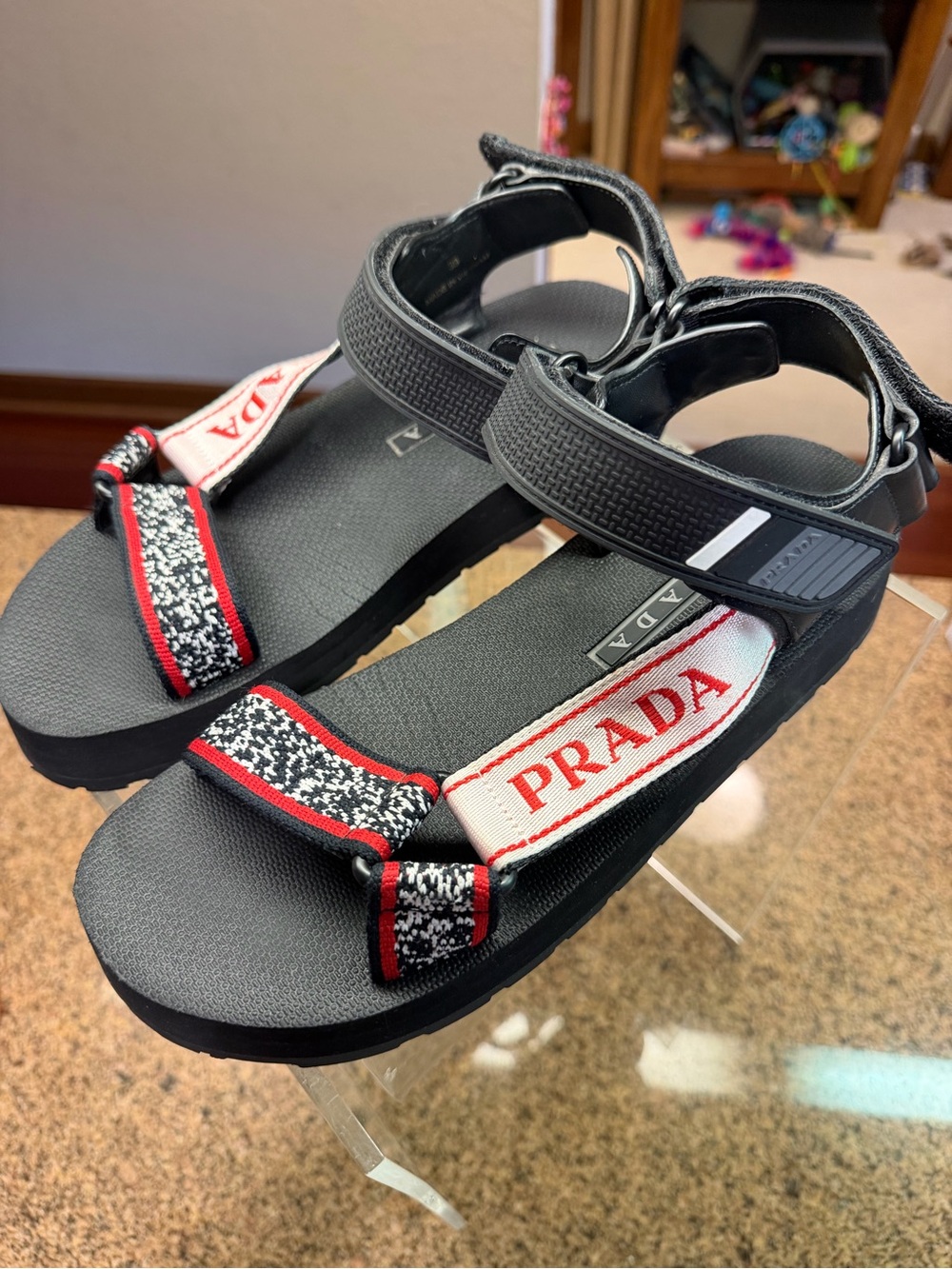 Prada Nomad Logo Print Platform Sandals Black Red White 39